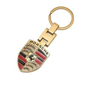 PORSCHE STUTTGART HOTROD Metal Crest KeyRing Key Chain Golden Pendant